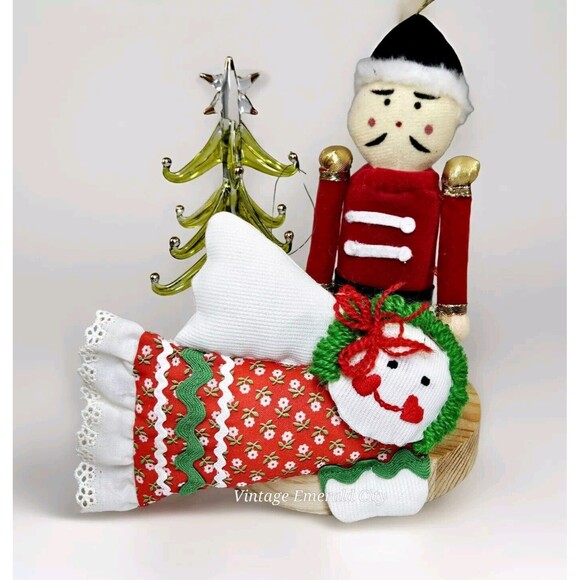 Vtg Christmas Ornaments Dolls Stuffed Pillows Set Of 2 Angel Nutcracker Soldier - Picture 1 of 15